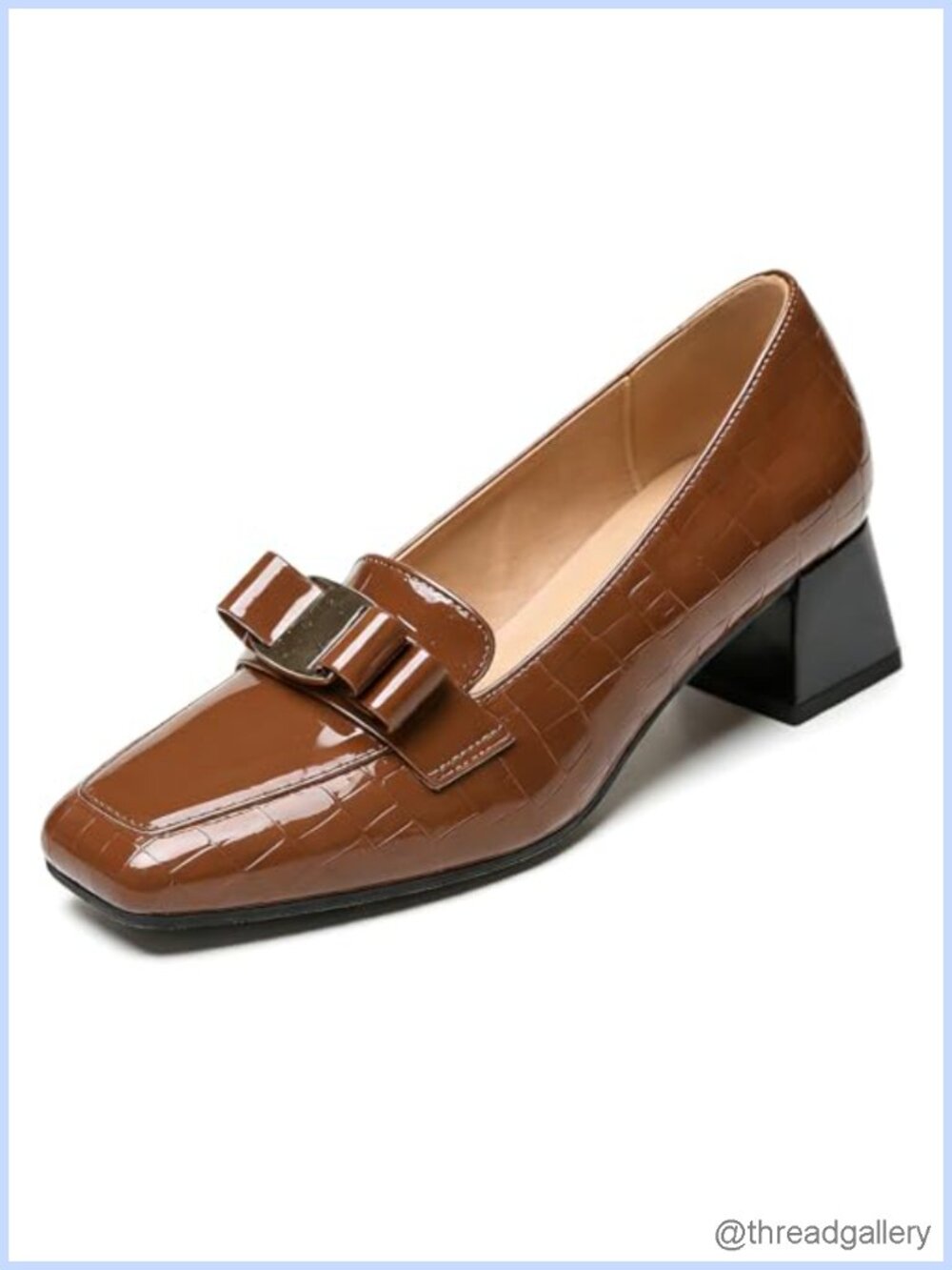 Faux Leather Croc Embossed Bow Buckle Slip On Chunky Block Heel Pumps Loafers
